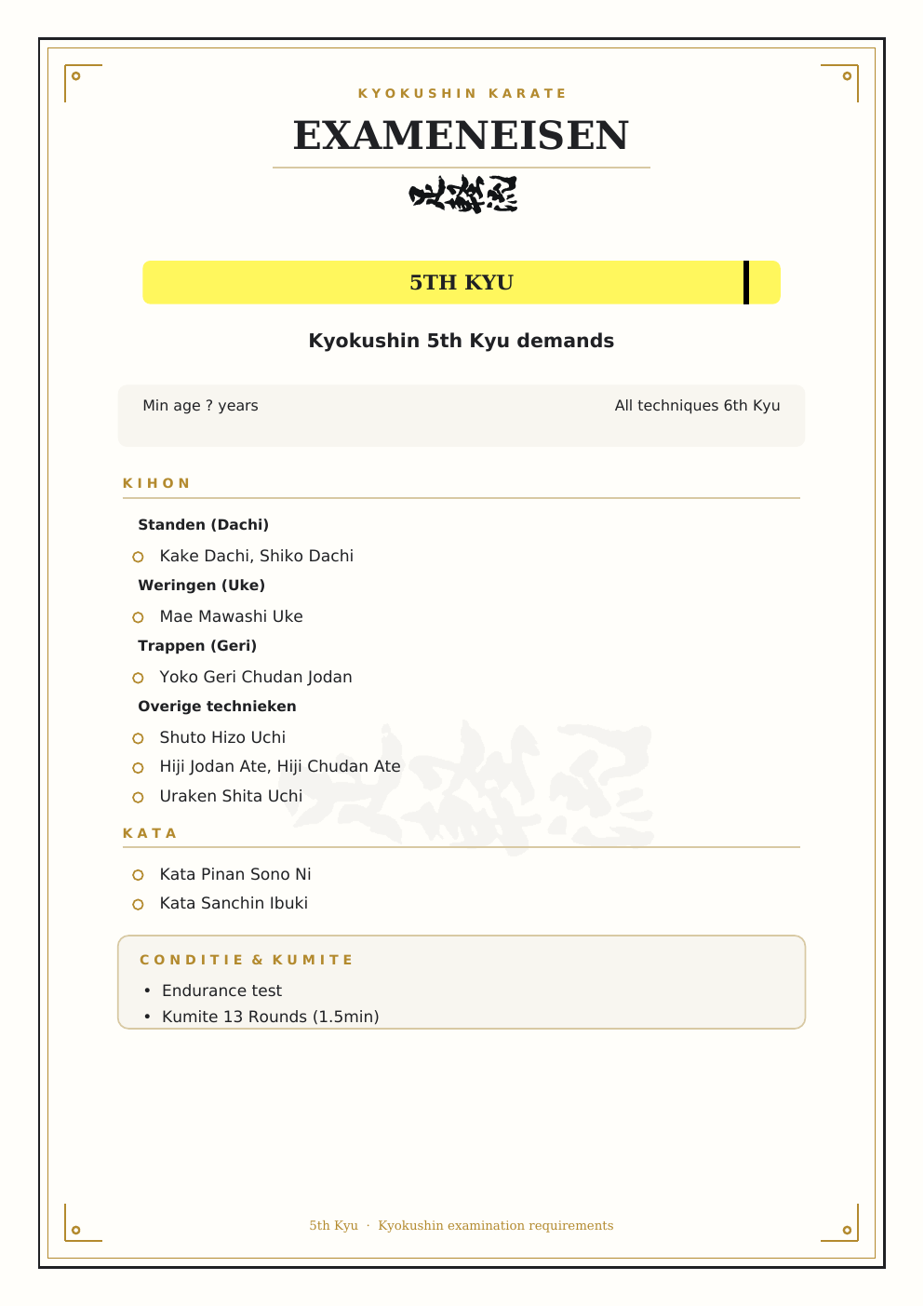 Kyokushin exameneisen voor 5e kyu: kihon, kata, conditie en kumite