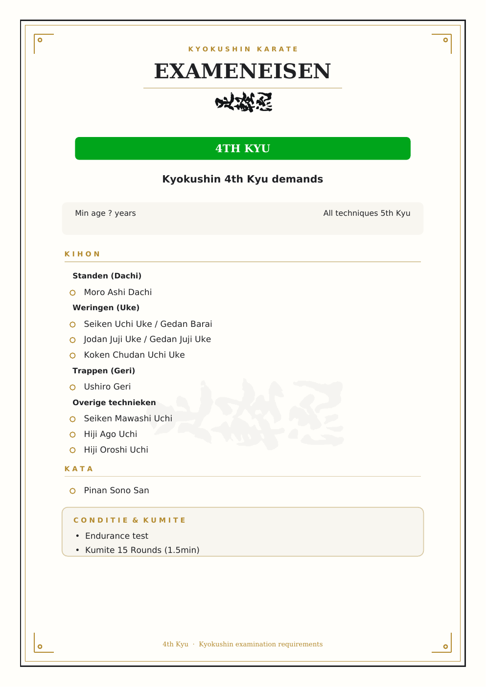 Kyokushin exameneisen voor 4e kyu: kihon, kata, conditie en kumite